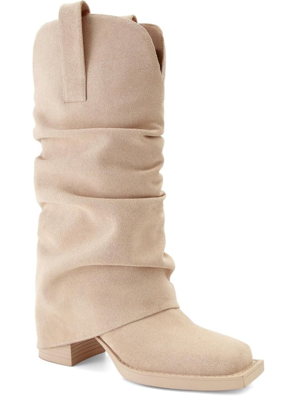 Women's Beige Suede Fold over Boots Square Toe Chunky Block Heel Mid Calf Boots